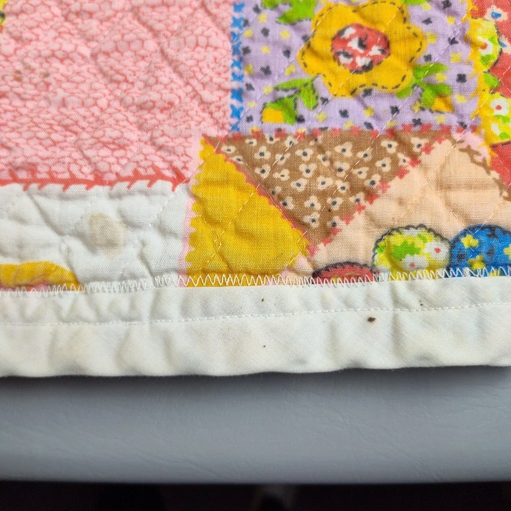 Vintage 1970s Hollie Hobbie Style Patchwork Quilt Blanket Handmade 52x44 Retro
